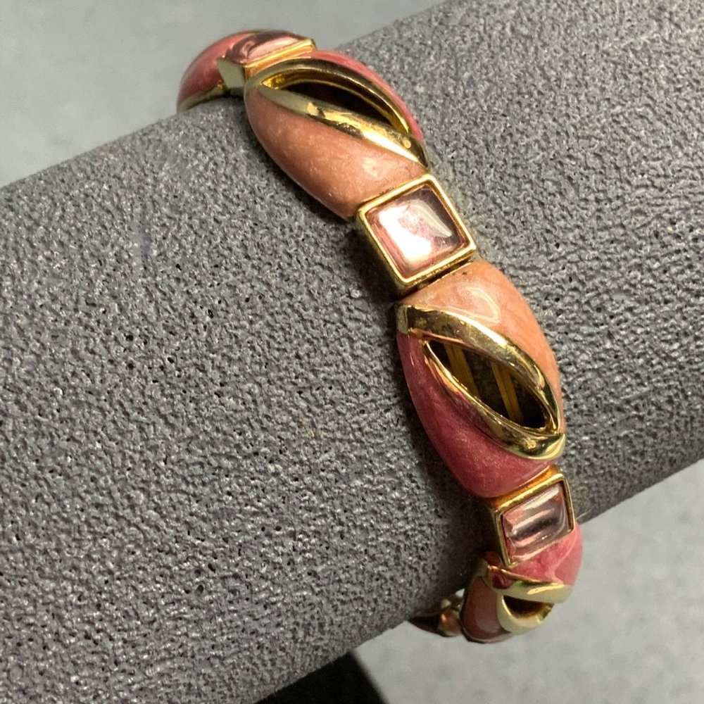 Pink Peach Stretch Bracelet Barbie Rhinestone Enamel Gold Soft Girl Retro Granny